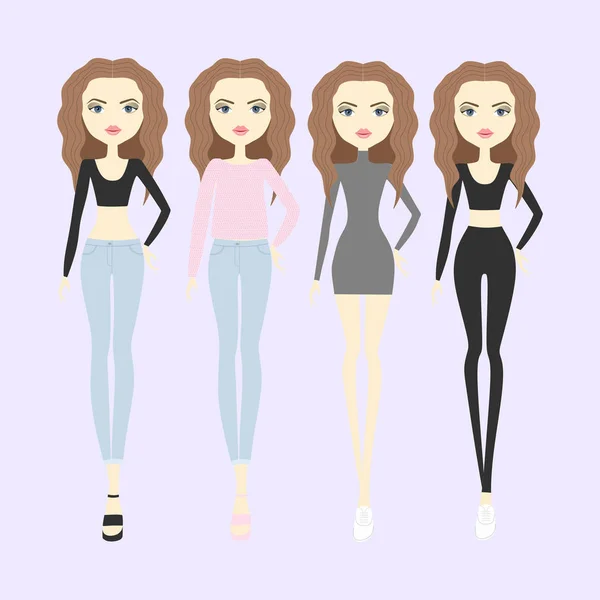 Définir les filles de mode vectorielle. jeune femme avec des cheveux de couleur et à la mode — Image vectorielle