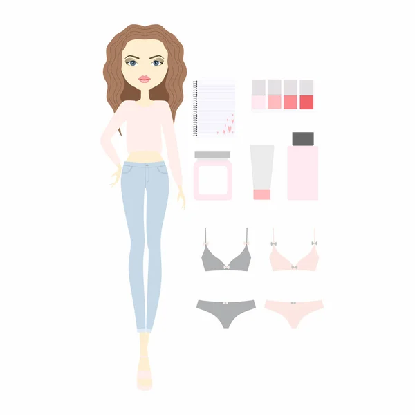 Ropa interior. cosméticos. cuaderno. mujer joven en coágulo de moda — Vector de stock