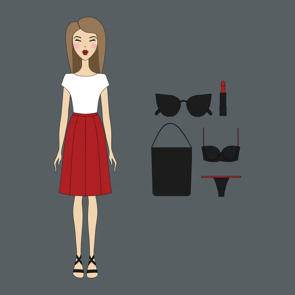 Girl in dress. casual wear. skirt. shoes. a bag. blouse. cosmeti — Stock Vector
