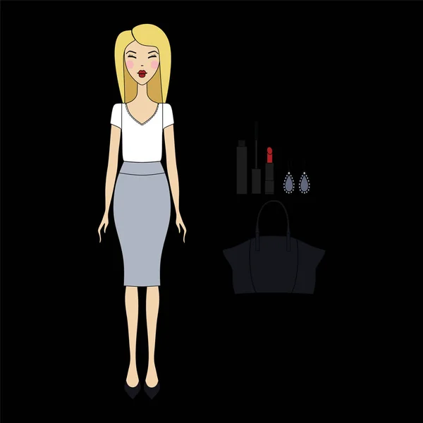 Mujer joven con ropa de moda. Chica en vestido . — Vector de stock