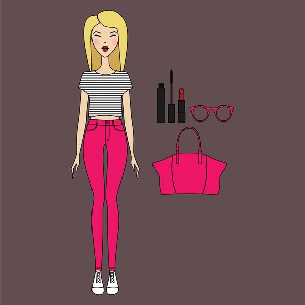 Mujer joven con ropa de moda. Chica en vestido . — Vector de stock