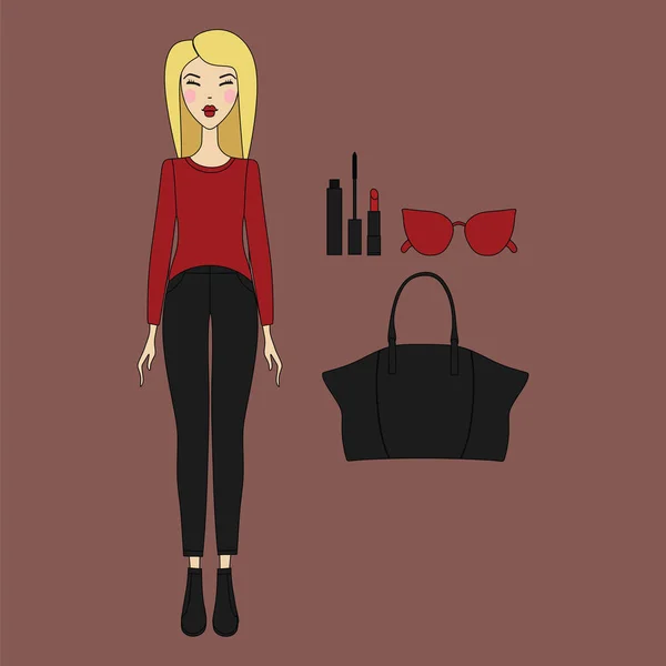 Mujer joven con ropa de moda. Chica vestida. ropa casual . — Vector de stock