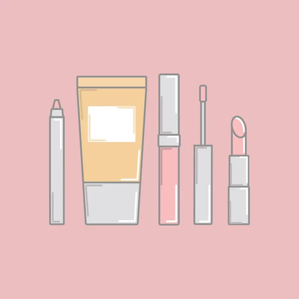 Fundación. brillo labial. pomada. Delineador de ojos. cosméticos. conjunto para mak — Vector de stock