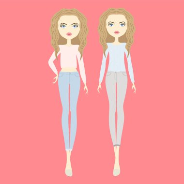  genç kadın trendy kıyafetler. Vektör moda kız ayarla. 