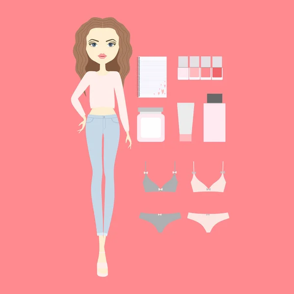 Underwear. cosmetics. notebook. young woman in fashionable clot — Stock Vector
