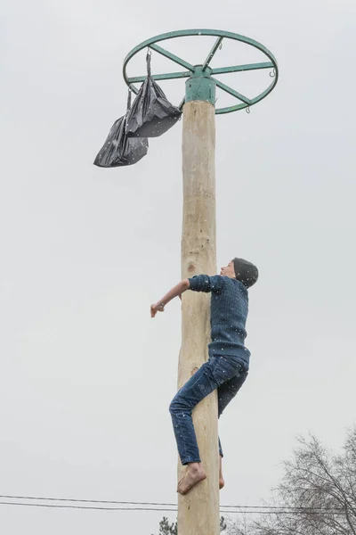Міста Тирасполя Молдови Лютий 2018 Хлопчик Сходження Дерев Яний Стовп — стокове фото