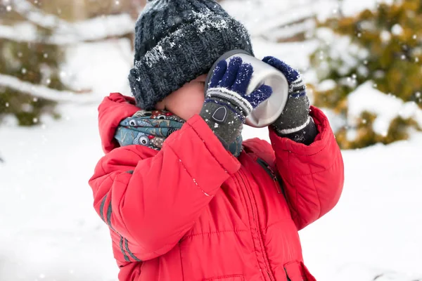 小さな男の子は、雪に覆われた冬の森でポットから茶を飲む — ストック写真