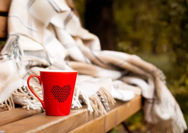 Tasse rouge enveloppée dans une couverture sur un banc — Photo