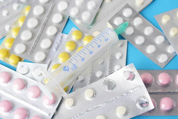 Medicine Pills Blister Packs Tablets Capsules Blue Background — Stock Photo, Image