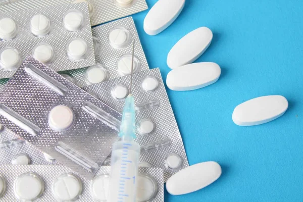 Medicine Pills Blister Packs Tablets Capsules Blue Background — Stock Photo, Image