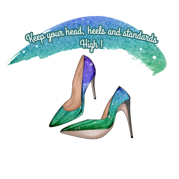 ファッション イラスト - 背景とスティレットの白い靴に面白い引用 — ストック写真