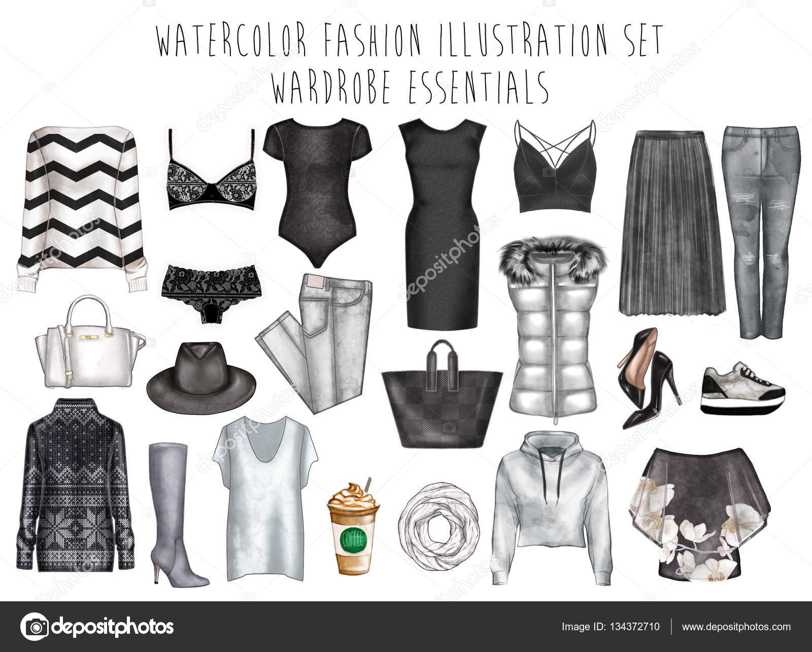 Watercolor digital illustration - watercolor fashion clip art set - Wardrobe  essentials - Woman Apparel - Flat fashion sketch Stock Photo by ©inquieta  134372710