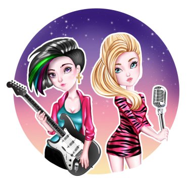 Çizilen illüstrasyon - Popstars - çizgi film karakteri kızlar - Guitairs ve şarkıcı el