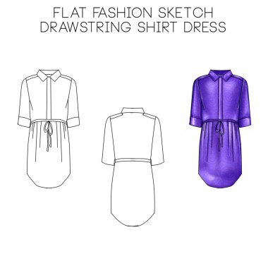 Flat fashion technical sketch - Drawstring short dress clipart
