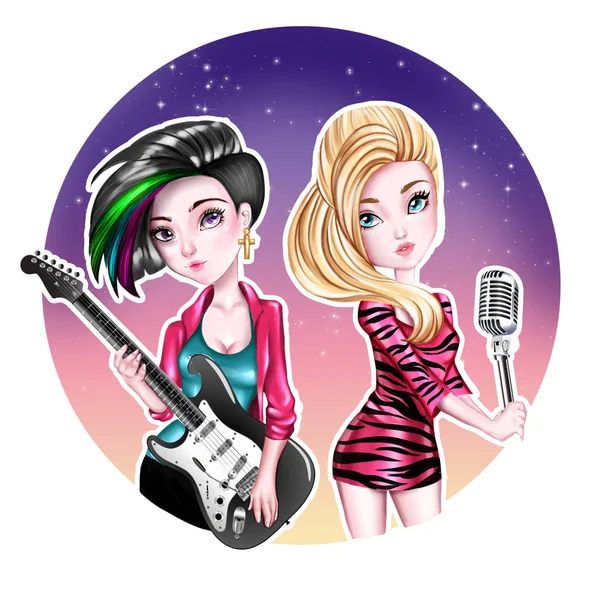 Ilustración dibujada a mano - Popstars - Chicas de personajes de dibujos animados - Guitarras y cantante —  Fotos de Stock