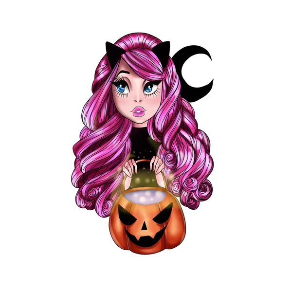 Personaje dibujado a mano - Chica de dibujos animados de Halloween sosteniendo la calabaza —  Fotos de Stock