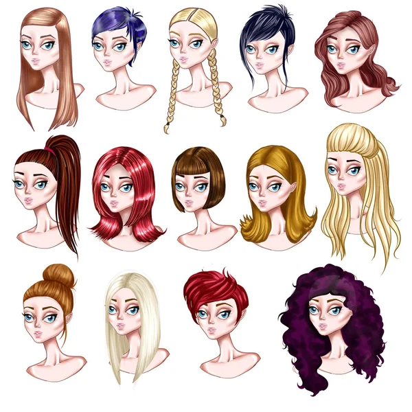 Set von verschiedenen haisrtyle - cartoon anime figur - hair do 's types — Stockfoto