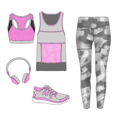 Flat fashion sketch - Gym outfit set - leggings, sport bra, sport tank clipart