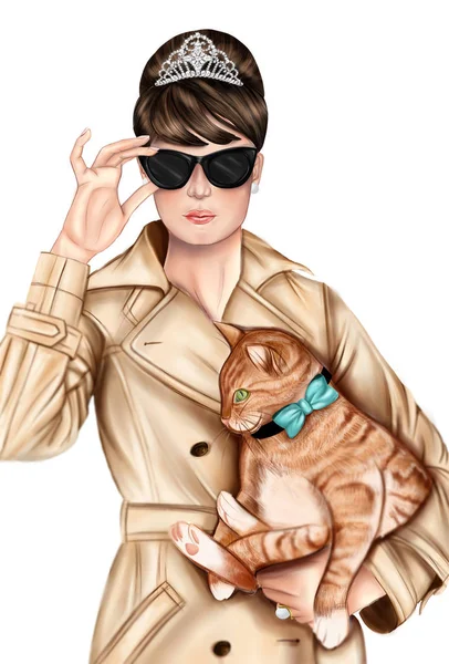 Imagem desenhada à mão - Menina vestindo roupas elegantes, óculos escuros e segurando um gato — Fotografia de Stock