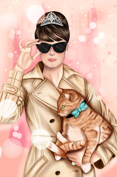 Getekende handbeeld - meisje elegante outfit, zwarte zonnebril dragen en houden van een kat — Stockfoto