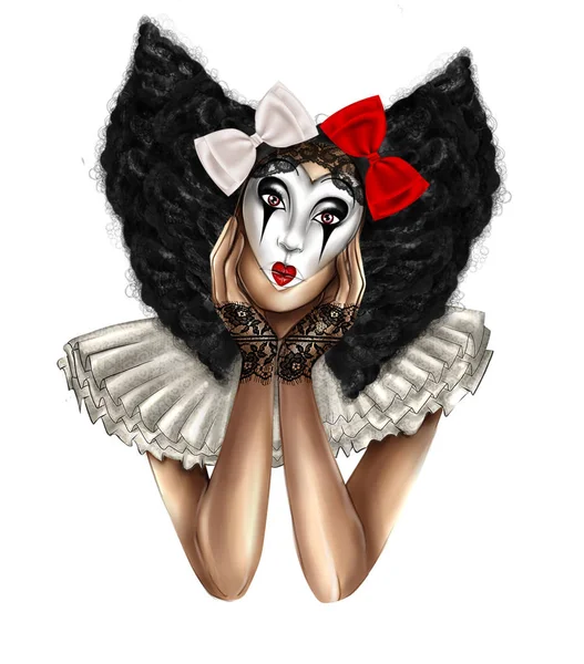 Illustrazione disegnata a mano Ritratto di ragazza vestita da clown giullare — Foto Stock