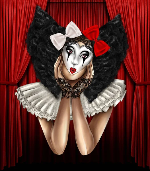 Hand getekende illustratie - portret van meisje verkleed als een clown jester — Stockfoto