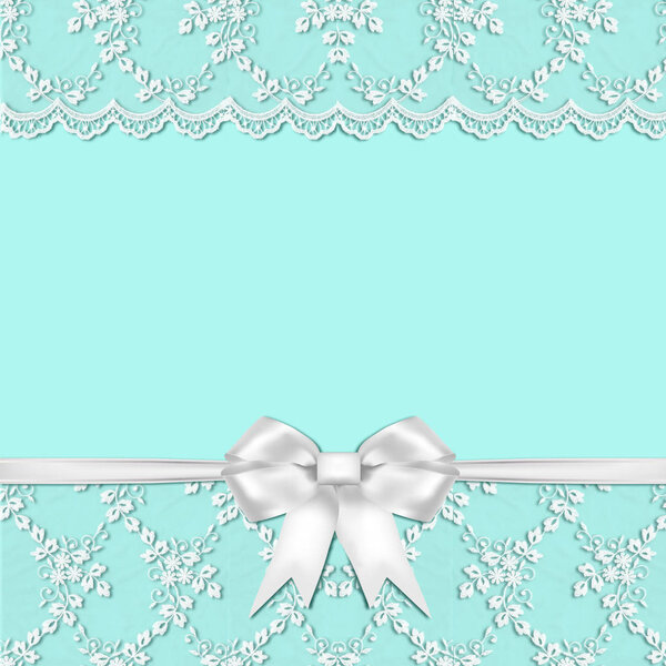 SEAMLESS PATTERN BLUE BACKGROUND DECORATED WITH WHITE LACE AND RIBBONS