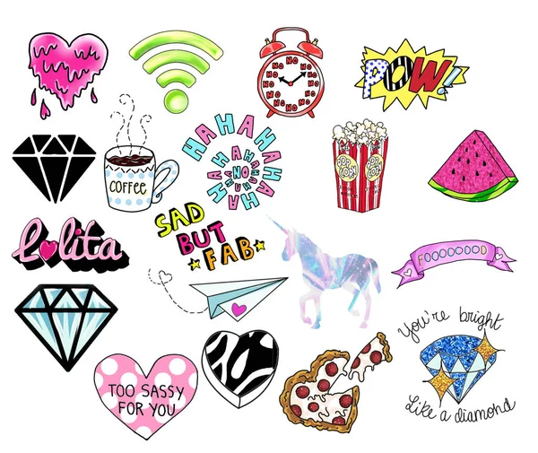 Pinnen of Patches, stempels, pictogrammen, Stickers. illustratie geïsoleerd op een witte achtergrond. Diamant vormen, harten, teksten, Unicorn, klok, watermeloen, liefde — Stockfoto