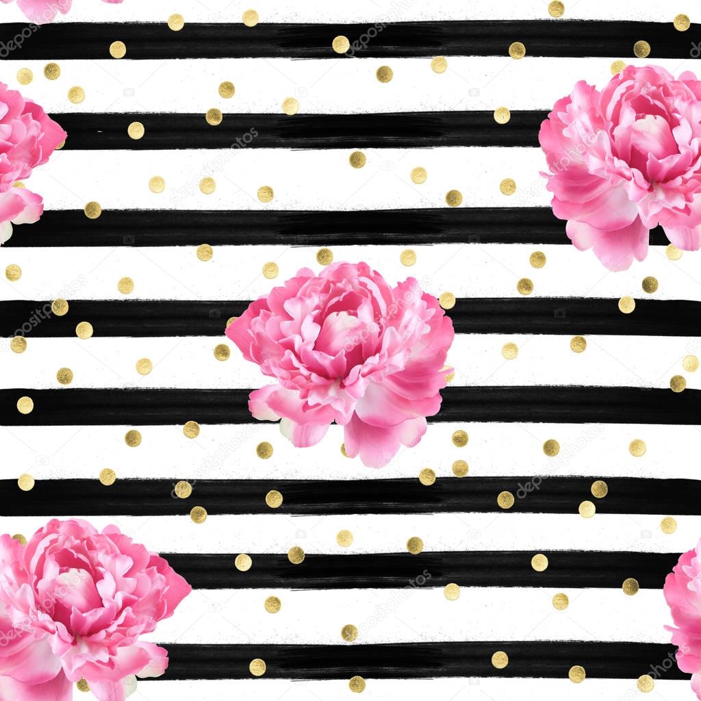 Abstract background - watercolor stripes - gold confetti and pink roses - seamless pattern wallpaper