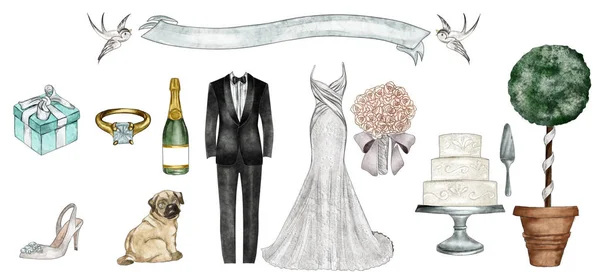 Suluboya Moda Illüstrasyon Kıyafet Seti Düğün — Stok fotoğraf