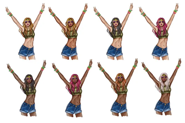 Handgemaakte Raster Illustration Groep Van Hippie Modellen Verschillende Haar Kleuren — Stockfoto