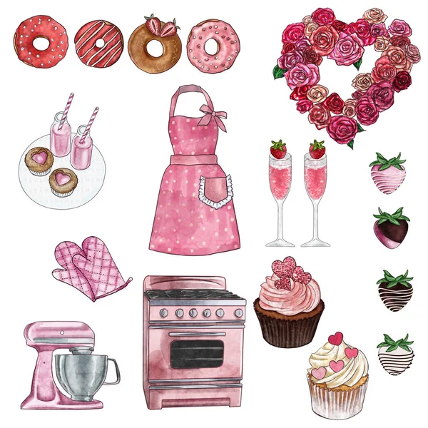 Kliparty Collection Skupina Objektů Valentine Retro Kuchyně Pekárna Set Koláčky — Stock fotografie