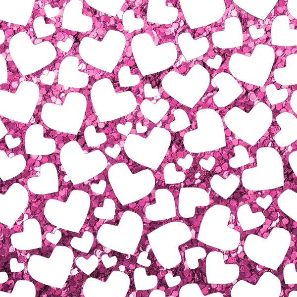 シームレスなパターン カット ホット ピンク キラキラ背景に白いハート — ストック写真