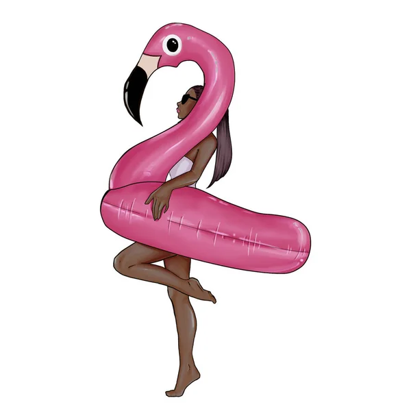 Растрове Зображення Дівчина Позує Надувним Плаваючим Басейном Фламінго — стокове фото