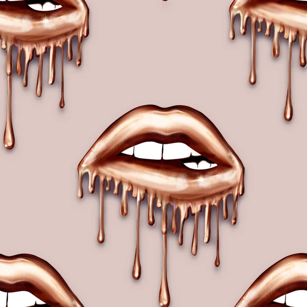 Seamless Pattern Sexy Dripping Metallic Lips Solid Color Background — Stock Photo, Image