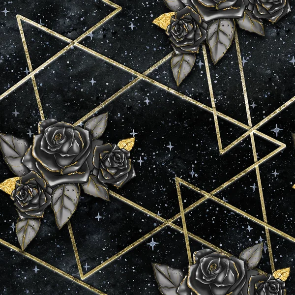 GEOMETRIC GALAXY BACKGROUND WITH BLACK ROSES SEAMLESS PATTERN