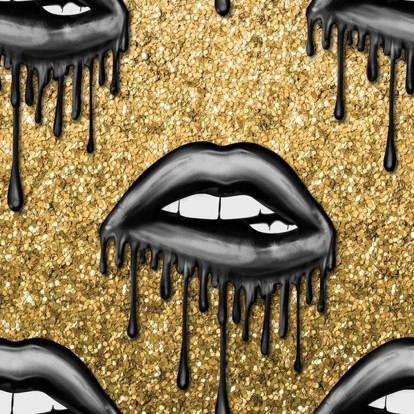 SEAMLESS PATTERN SEXY DRIPPING METALLIC LIPS ON SOLID COLOR BACKGROUND