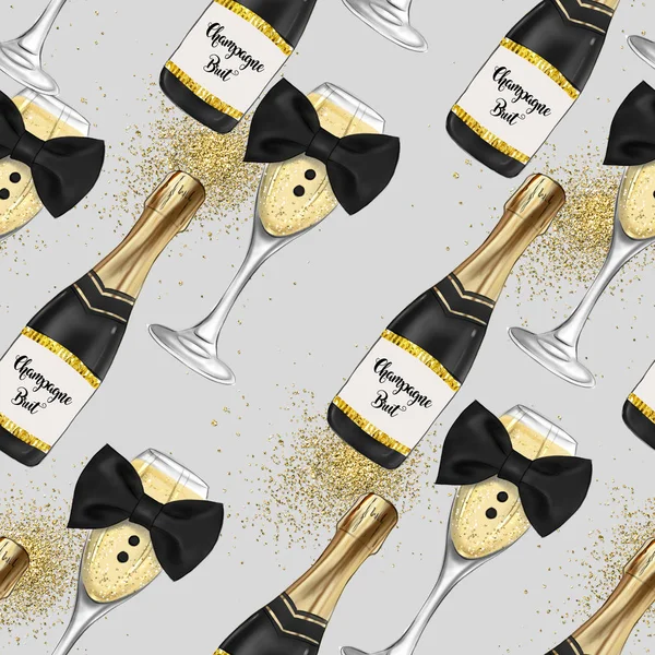 Sektflasche Und Champagnerglas Nahtloses Muster Mit Goldglitter Stockfoto