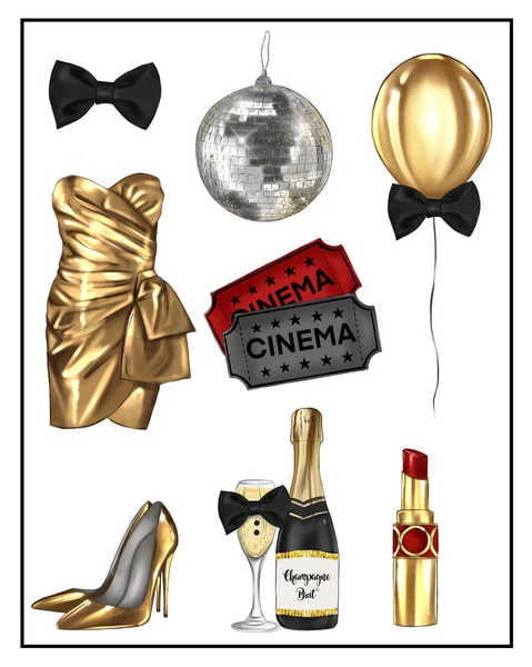 Sammlung Von Objekten Partynacht Feier Fliege Discokugel Ballon Lippenstift Stiletto lizenzfreie Stockbilder