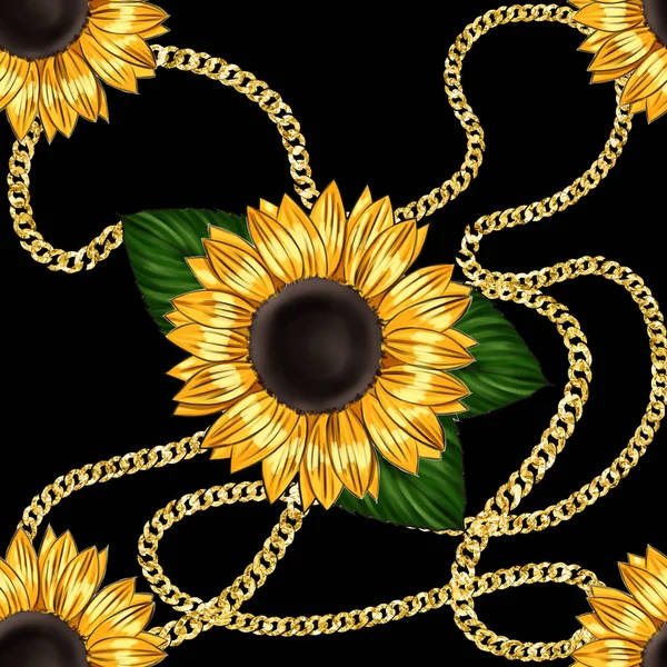 Sunflowers Gold Chains Nahtloses Pattern Auf Schwarzem Rücken — Stockfoto