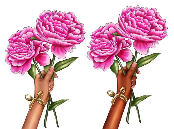 Raster Illustration Von Hands Holding Flowers Watercolor Peonies Fashion Illustration lizenzfreie Stockbilder