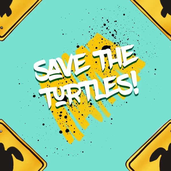 Turtles Graffiti Yellow Blue Seamless Pattern Stock Photo