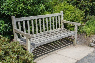 Eski ahşap park bankında güneşin