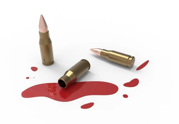 Balas de armas sobre un fondo blanco y un charco de sangre roja. Renderizado 3D Imagen de stock