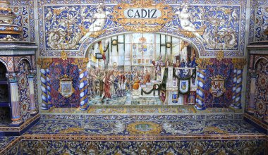 Seramik azulejos Plaza de Espana, Sevilla, Andalusia, İspanya