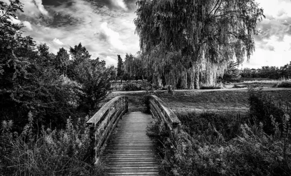 Wooden bridge on a pond in Santeny, france — Stock Photo, Image