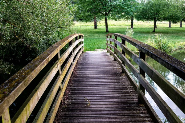 Ponte de madeira em uma lagoa em Santeny, frança — Fotografia de Stock