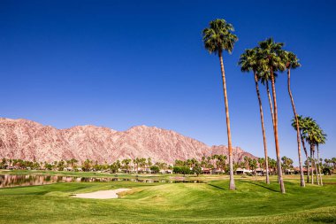 Palm Springs, Kaliforniya, Nisan 04, 2015: Ipga Tour, Palm Springs, Kaliforniya, ABD 'deki ana ilham golfü turnuvası sırasında bir golf sahasının görüntülenmesi.