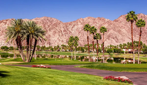 Palm Springs, Kaliforniya, Nisan 04, 2015: Ipga Tour, Palm Springs, Kaliforniya, ABD 'deki ana ilham golfü turnuvası sırasında bir golf sahasının görüntülenmesi.