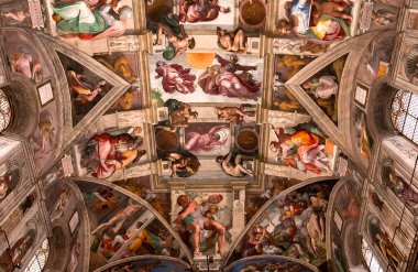 VATİKAN ŞEHRİ, VATİKAN, 15 Haziran 2015: Vatikan, Vatikan 'da 15 Haziran 2015' te Sistine Şapeli 'nin iç ve mimari detayları